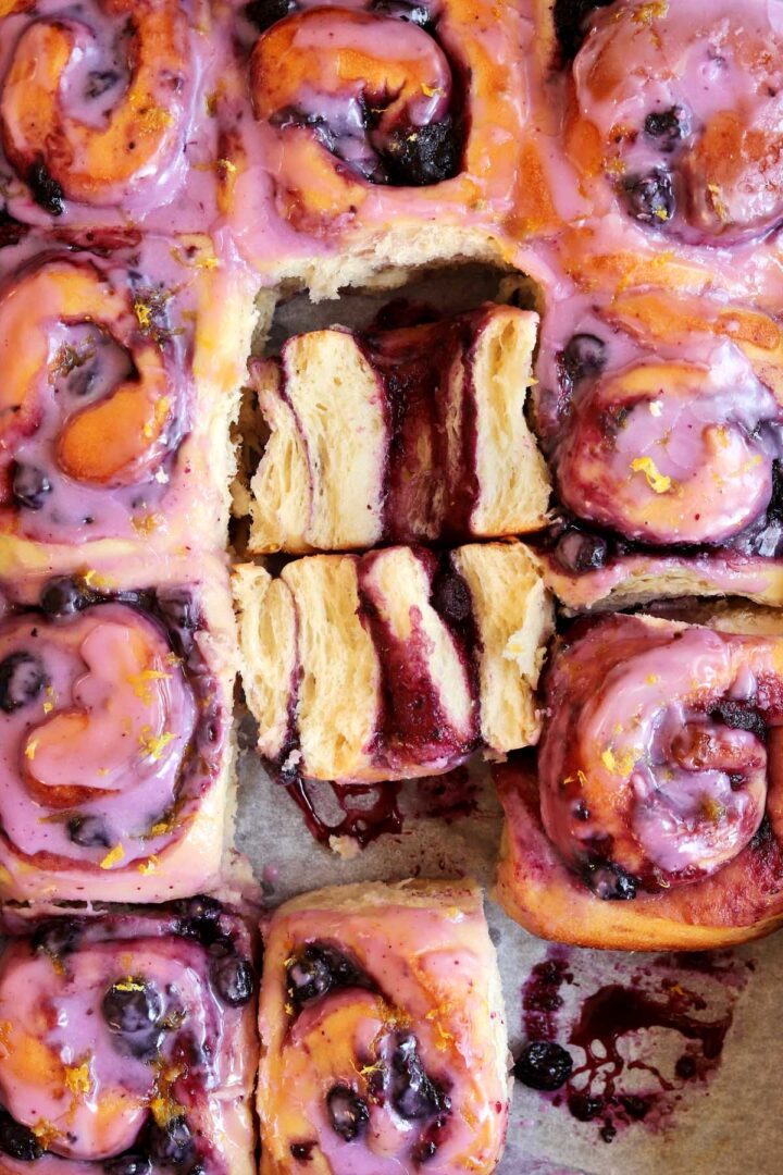 lemon blueberry sweet rolls in baking pan
