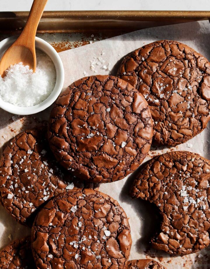 chewy crinkle top brownie cookies on a baking sheet