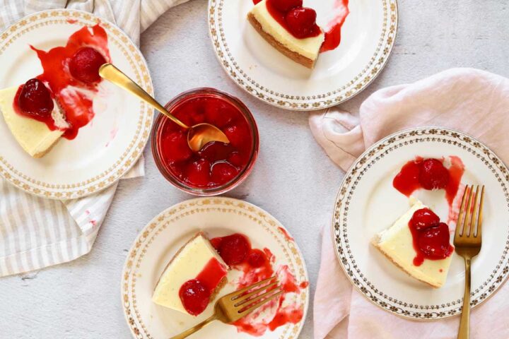 top view of new york cheesecake with strawberry topping