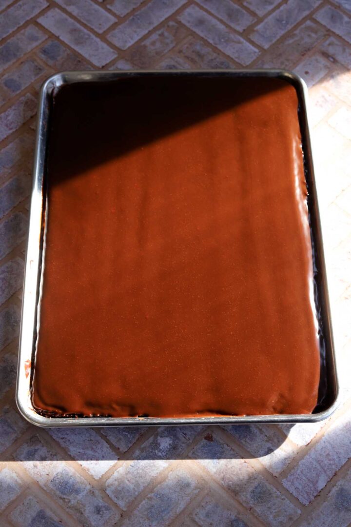 top view of chocolate sheet cake with chocolate fudge icing