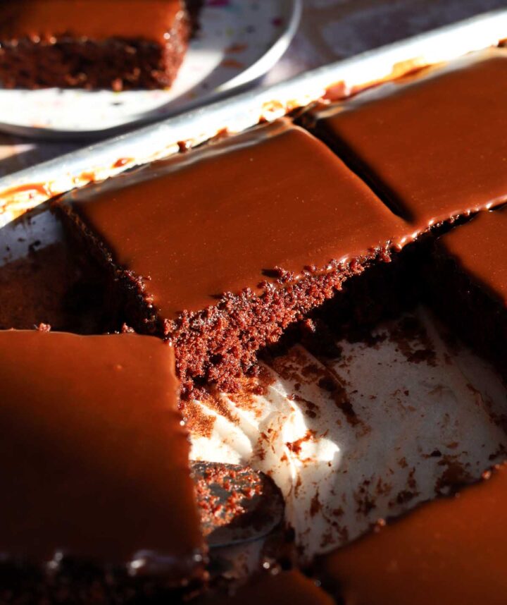 chocolate Texas sheet cake sliced in sheet pan