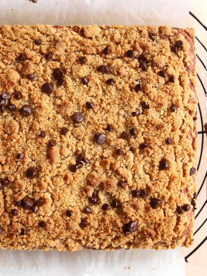 chocolate chip banana bread coffee cake before slicing on cooling rack