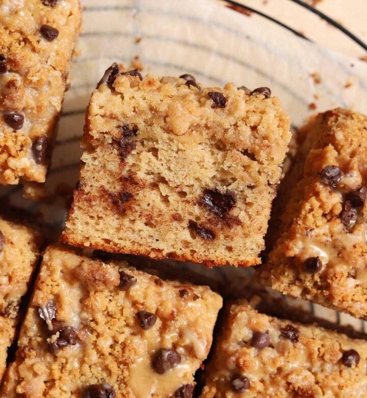 chocolate chip banana bread coffee cake on cooling rack