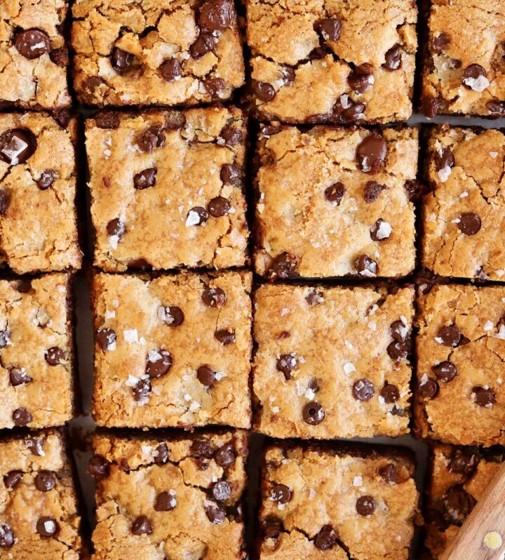 chocolate chip cookie brownies sliced into squares