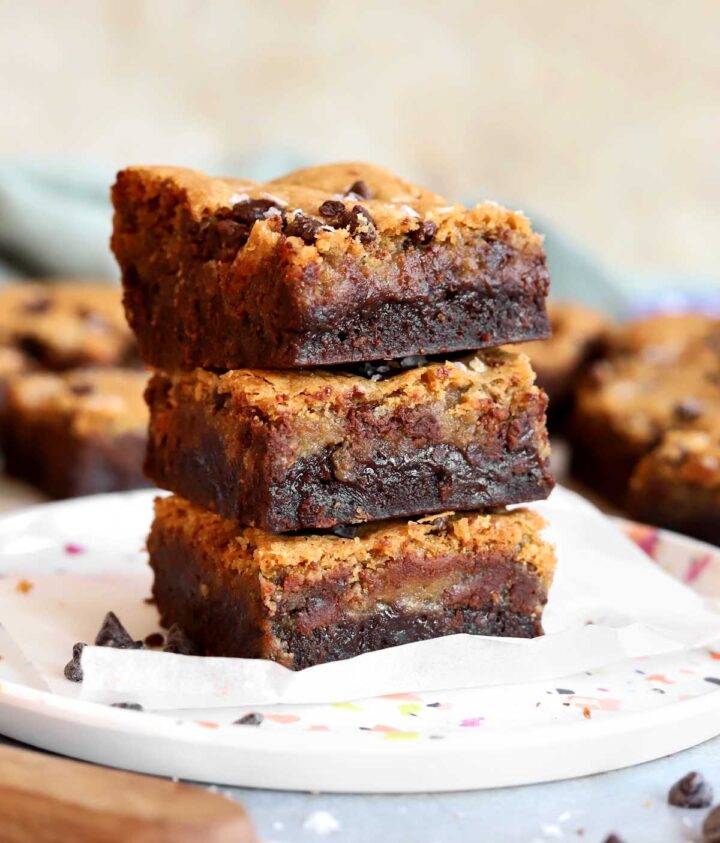 stack of chocolate chip cookie brownies on a plate