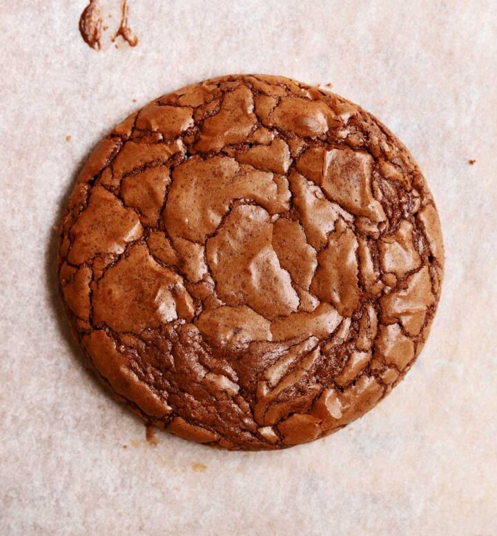 close up on classic fudgy brownie cookies with shiny crinkle top
