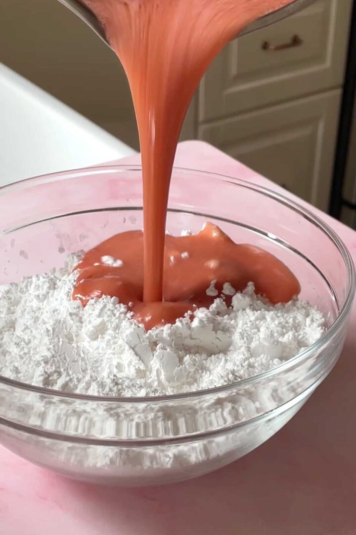 Pour butter/strawberry mixture into a bowl with powdered sugar.