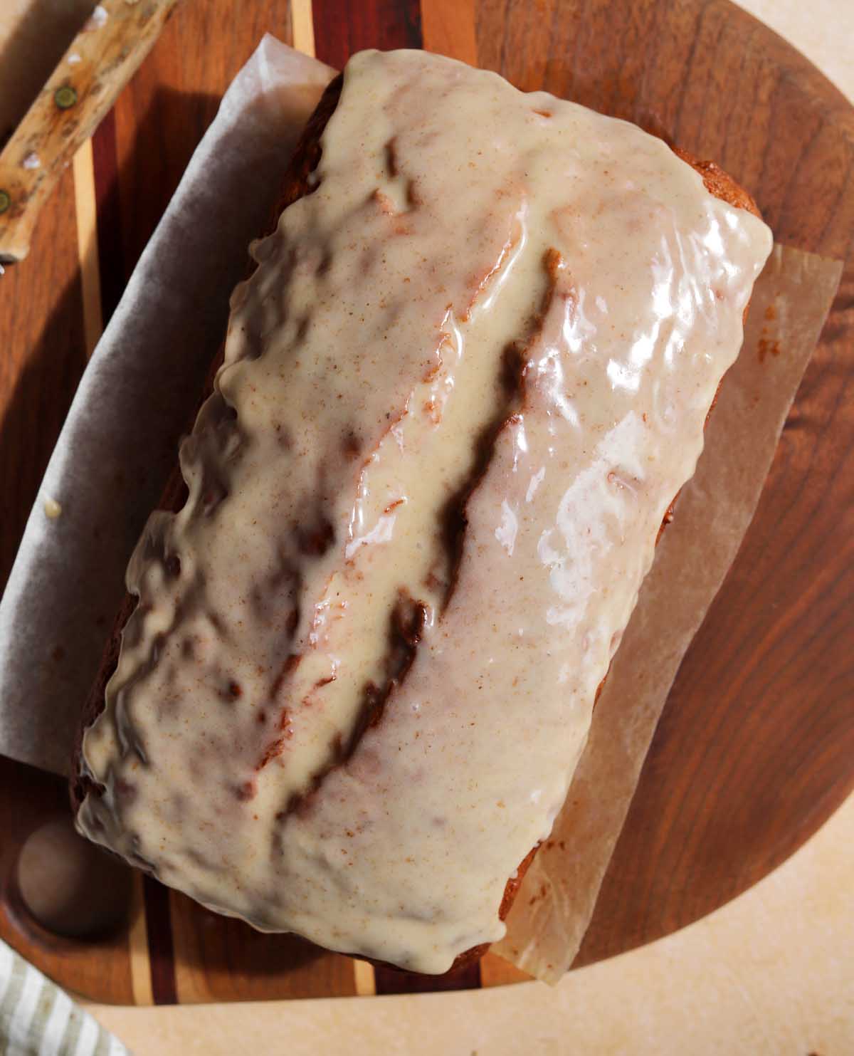top view of glazed brown butter banana bread