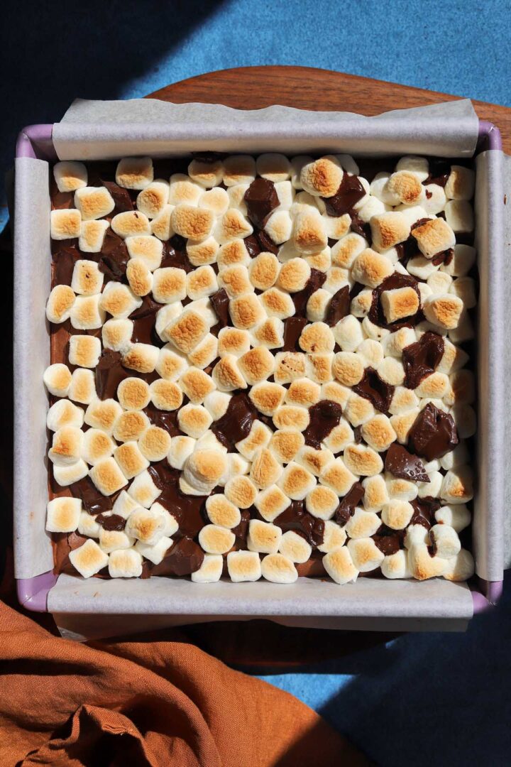 s'mores brownies in baking pan fresh from the oven