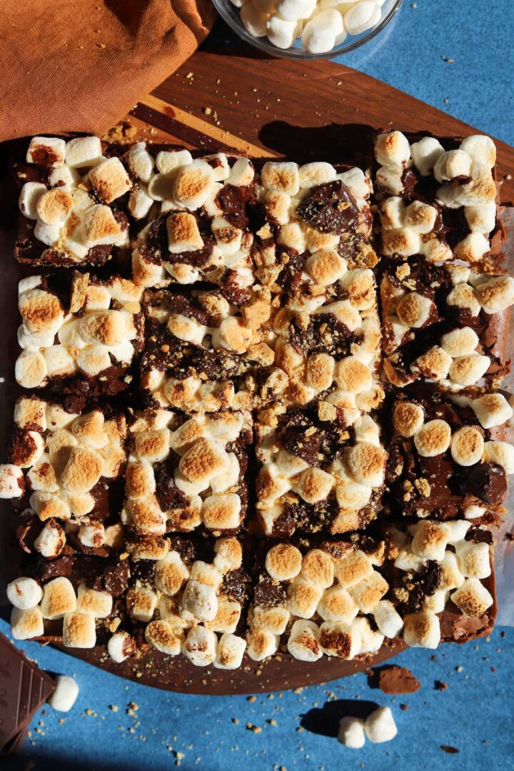 top view of s'mores brownies sliced on cutting board