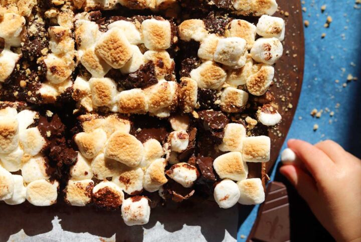 s'mores brownies sliced on cutting board