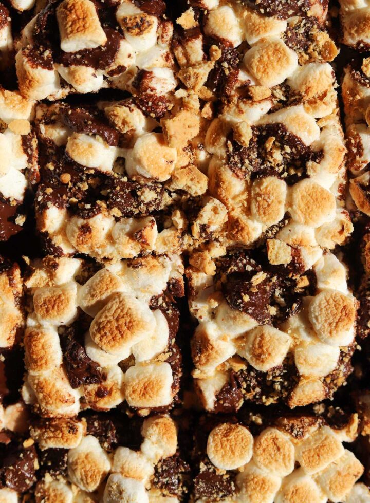 s'mores brownies sliced on cutting board