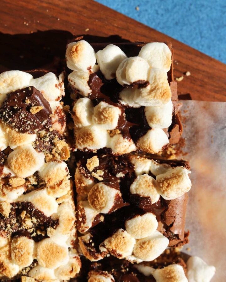 s'mores brownies sliced on cutting board