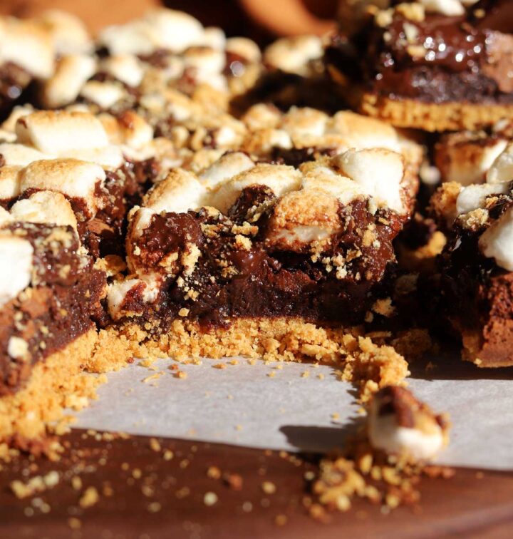 s'mores brownies sliced on cutting board