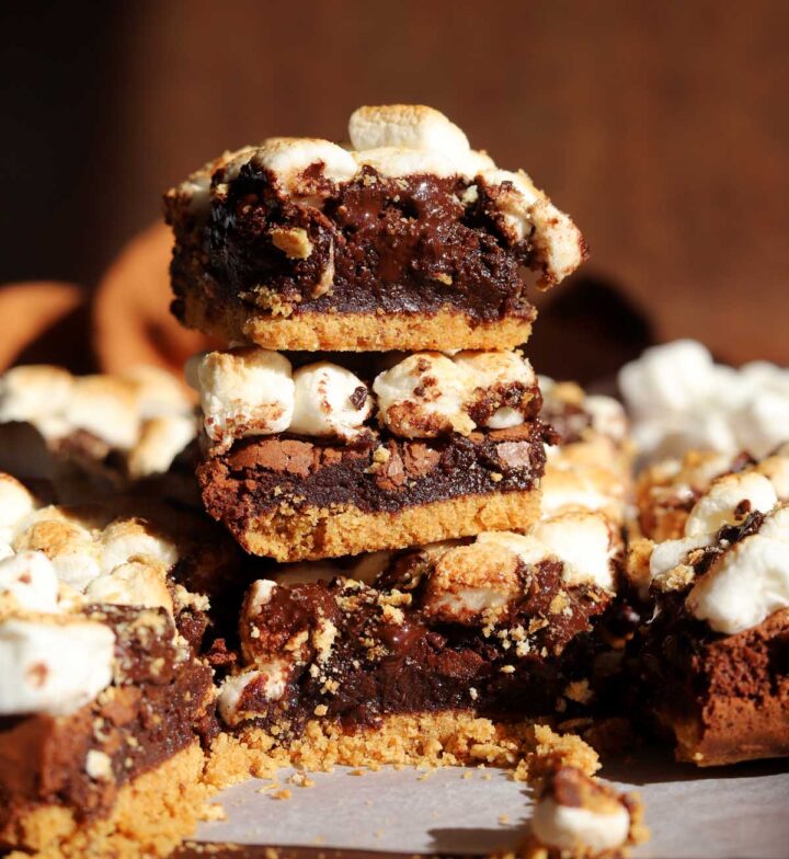 stack of s'mores brownies on cutting board