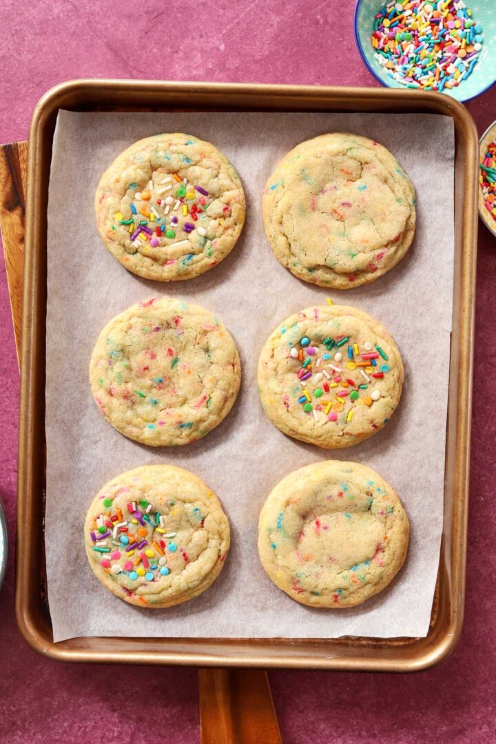 sprinkle sugar cookies after baking
on baking sheet