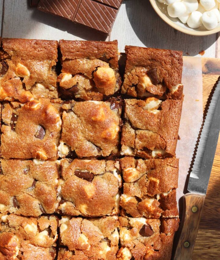 s'mores blondies sliced on parchment paper