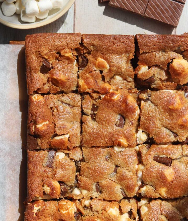 s'mores blondies sliced on cutting board