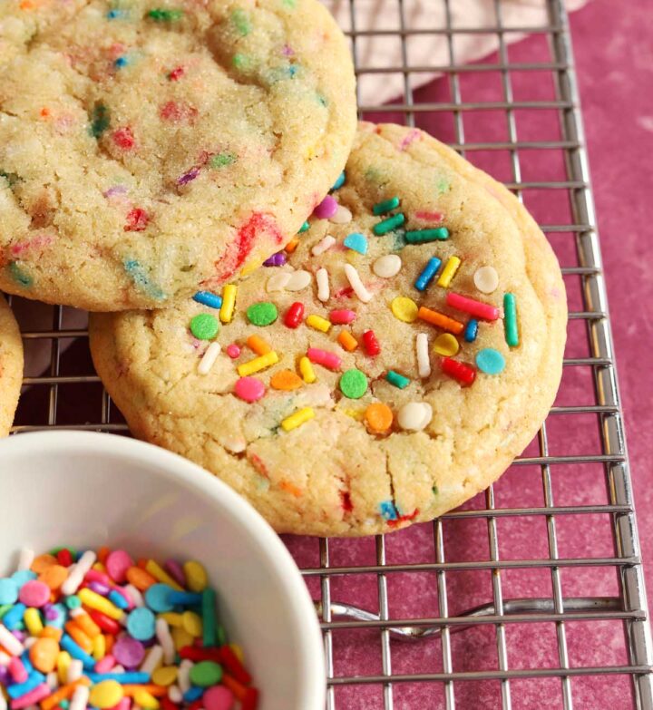 soft and chewy sprinkle sugar cookies on cooling rack