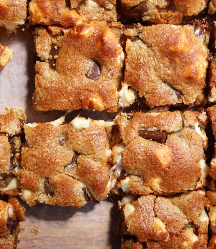 s'mores blondies sliced on parchment paper