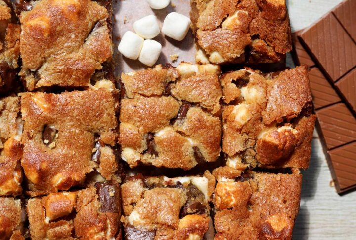 s'mores blondies sliced on parchment paper