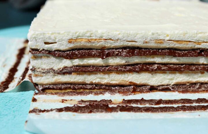 no bake s'mores icebox cake out of the freezer before slicing, showing side view of all 12 layers