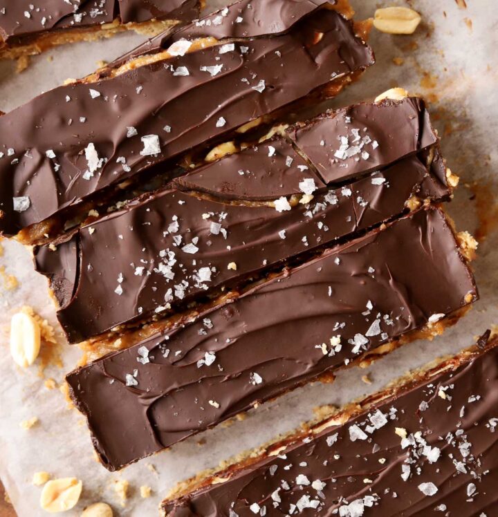 top view of healthy snickers bars sliced on parchment paper