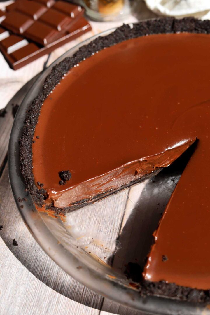 slied no bake chocolate pie in pie dish