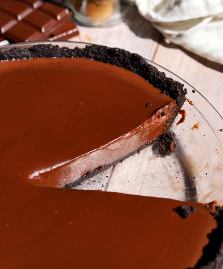 slied no bake chocolate pie in pie dish