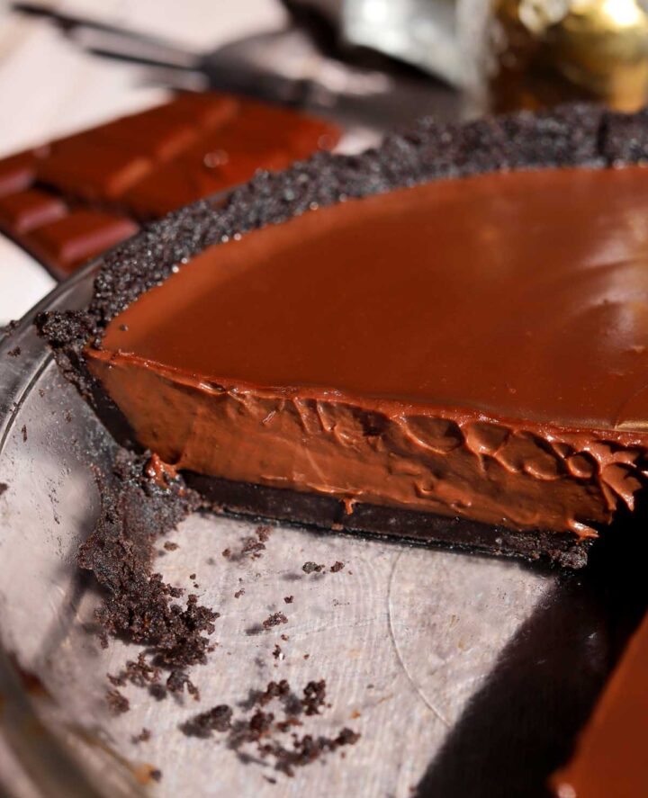 slied no bake chocolate pie in pie dish