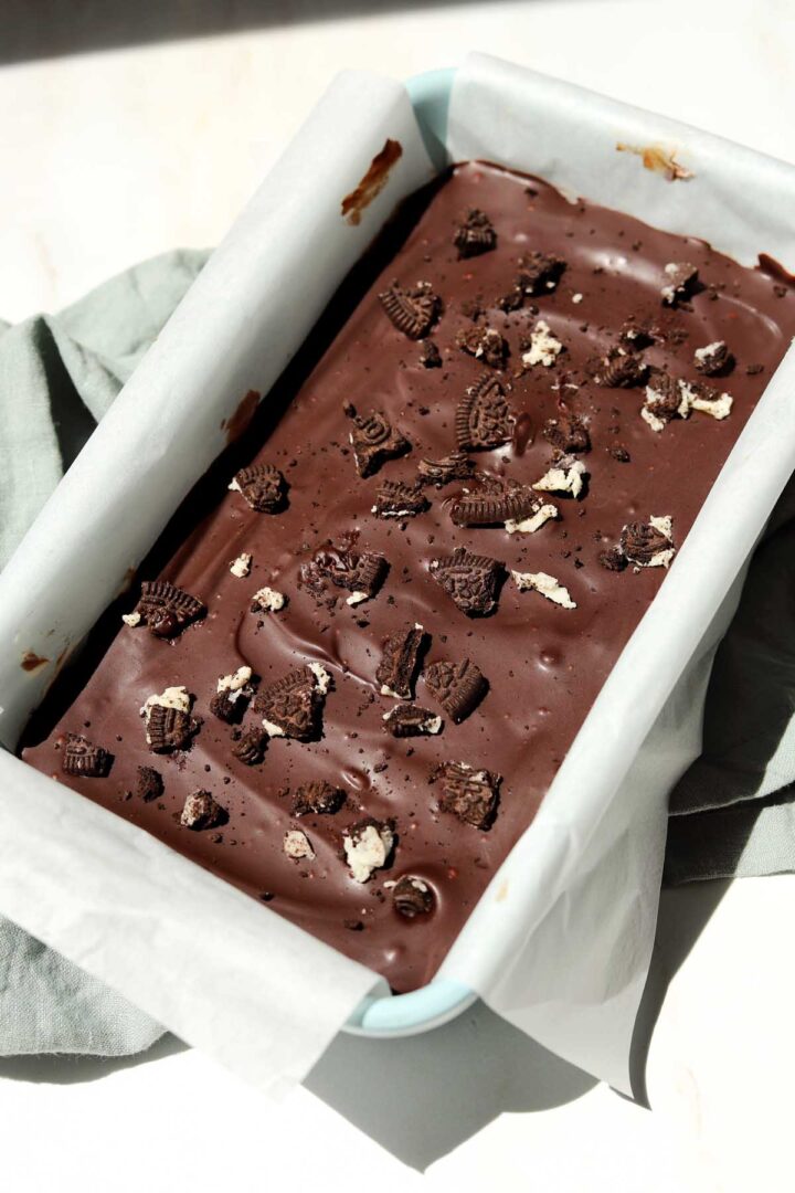 no bake Oreo cheesecake after chilling in loaf pan