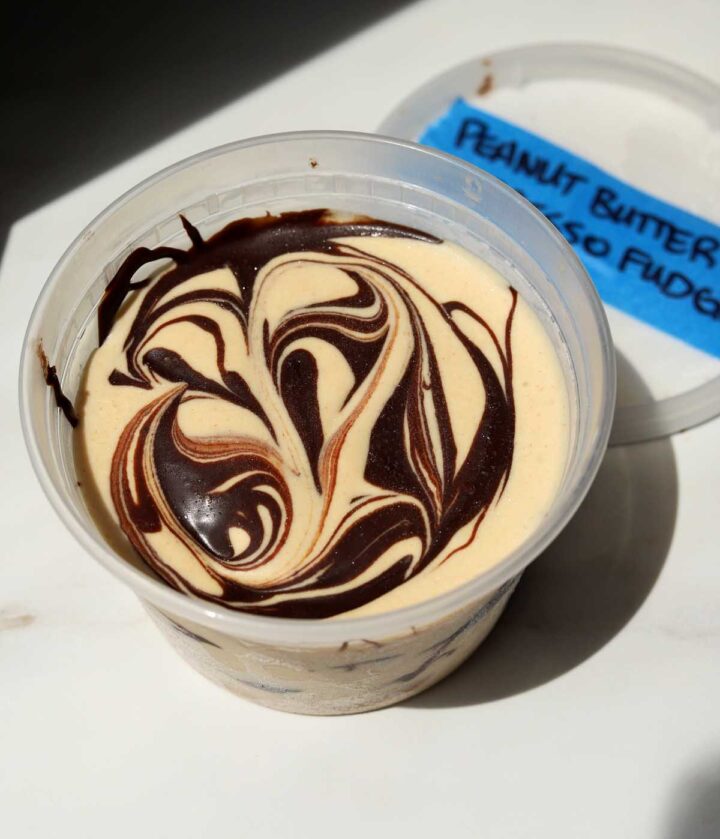 no churn peanut butter espresso fudge ice cream in deli container