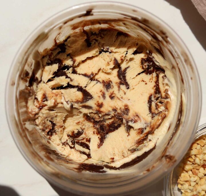 no churn peanut butter espresso fudge ice cream in deli container