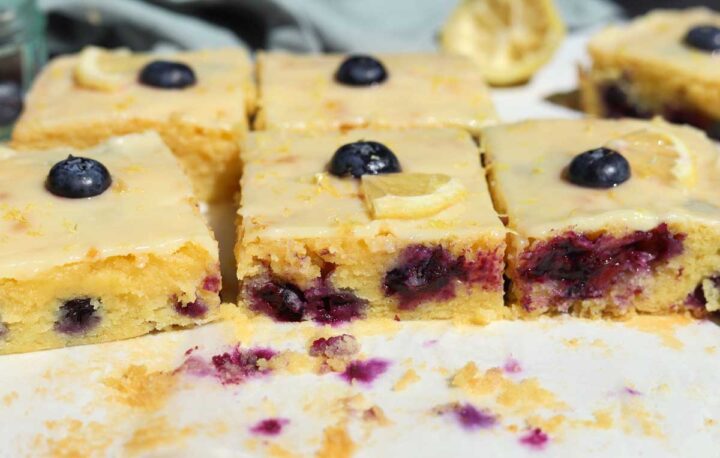 fudgy lemon blueberry brownies sliced on parchment paper