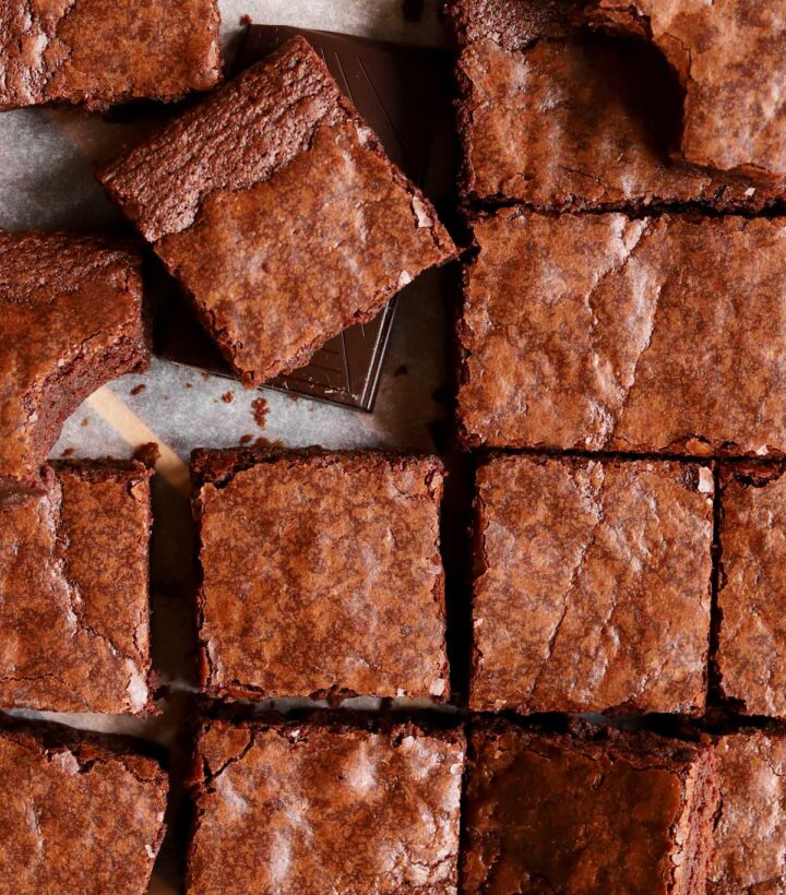 fudgy egg white brownies sliced on parchment paper