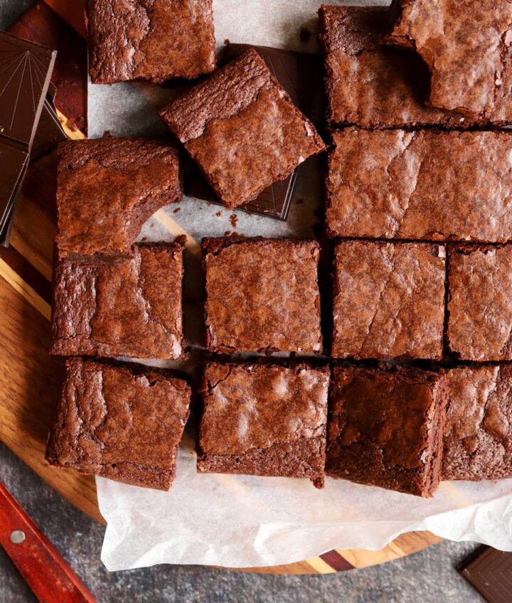 fudgy egg white brownies sliced on parchment paper
