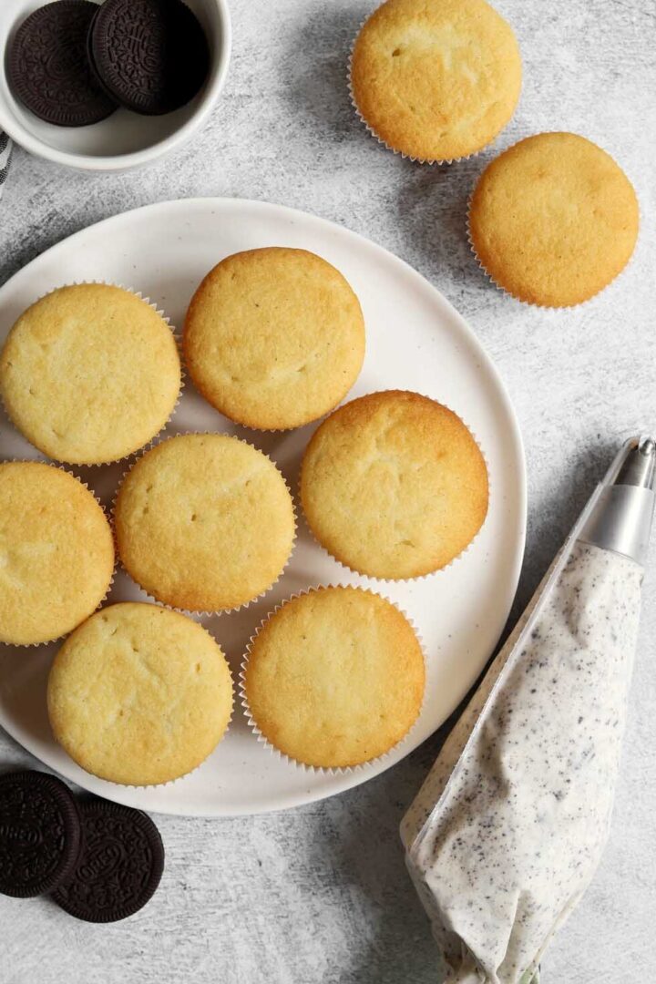 top view of vanilla cupcakes without Oreo cookies and cream frosting