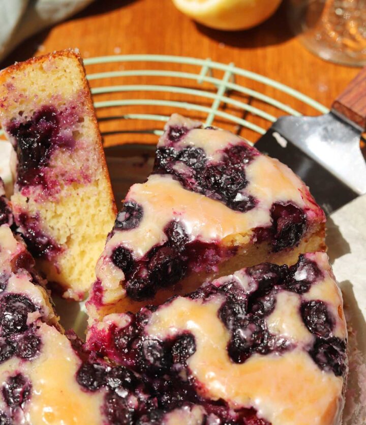 angle view of lemon blueberry yogurt cake sliced on parchment