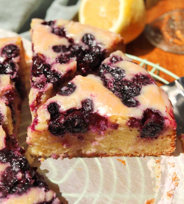 top view of lemon blueberry yogurt cake sliced on parchment