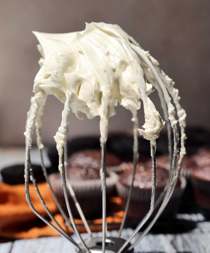 best no grit, not too sweet hybrid vanilla American buttercream on the whisk attachment of stand mixer