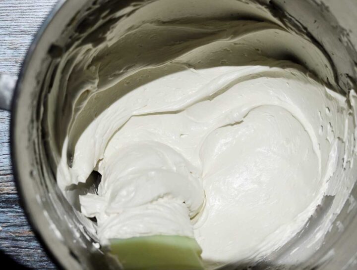 best hybrid vanilla American buttercream in mixer bowl showing smooth consistency
