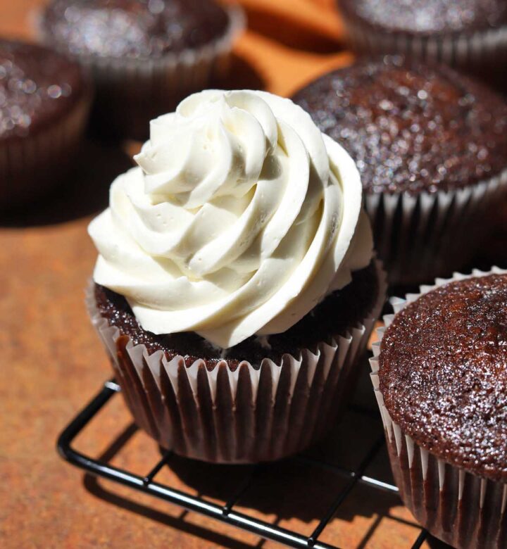 best hybrid vanilla American buttercream piped over a chocolate cupcake