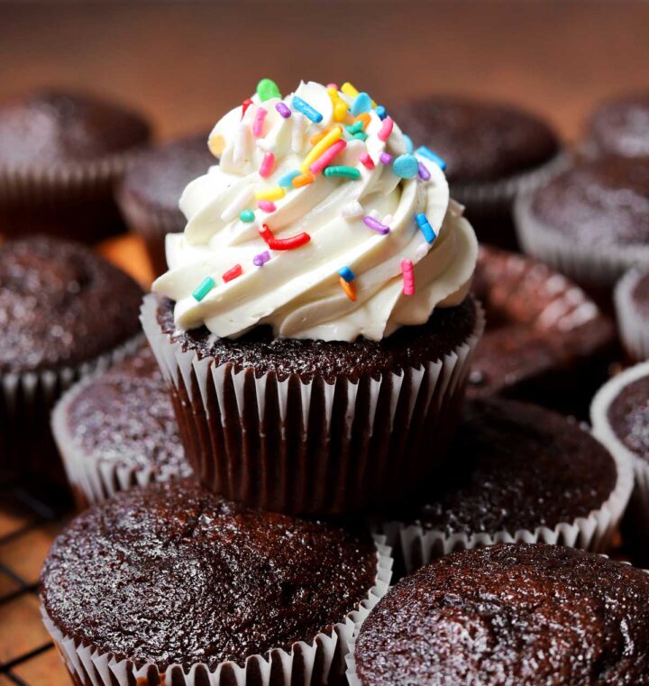best hybrid vanilla American buttercream piped over a chocolate cupcake with sprinkles