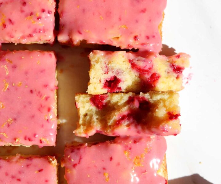 raspberry lemonade brownies split in half showing fudgy center