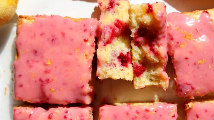 raspberry lemonade brownies split in half showing fudgy center