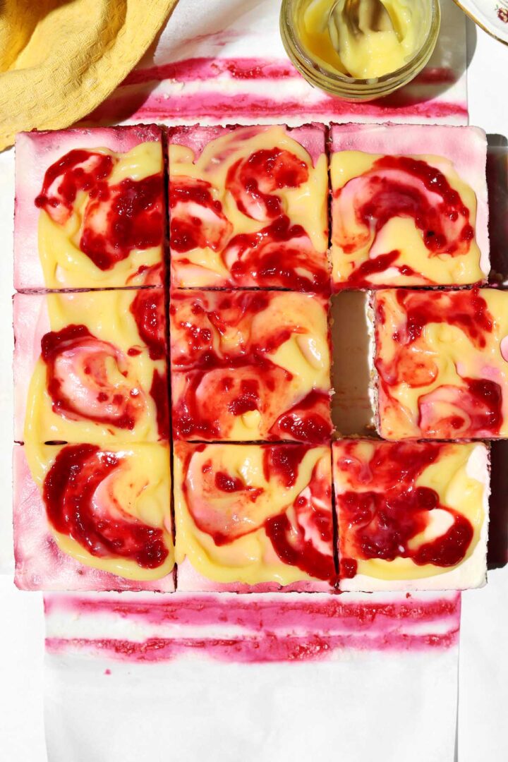 top view of raspberry lemonade icebox cake sliced