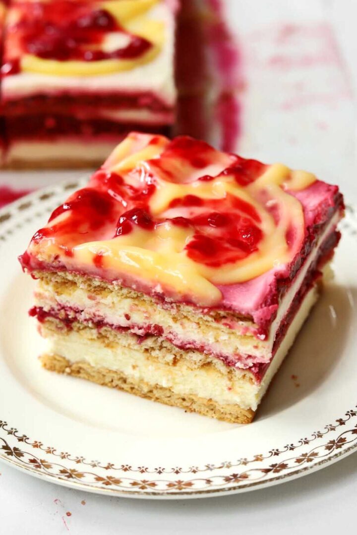 raspberry lemonade icebox cake slice on a plate