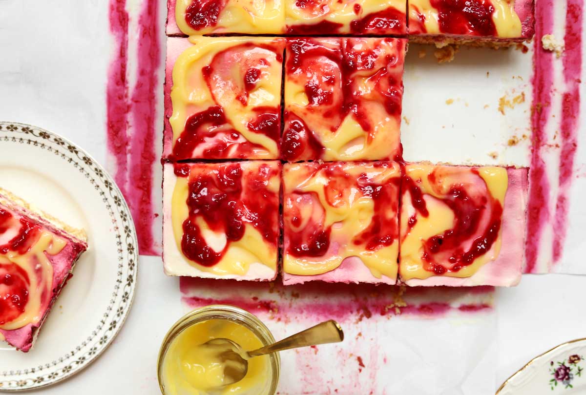 top view of raspberry lemonade icebox cake sliced