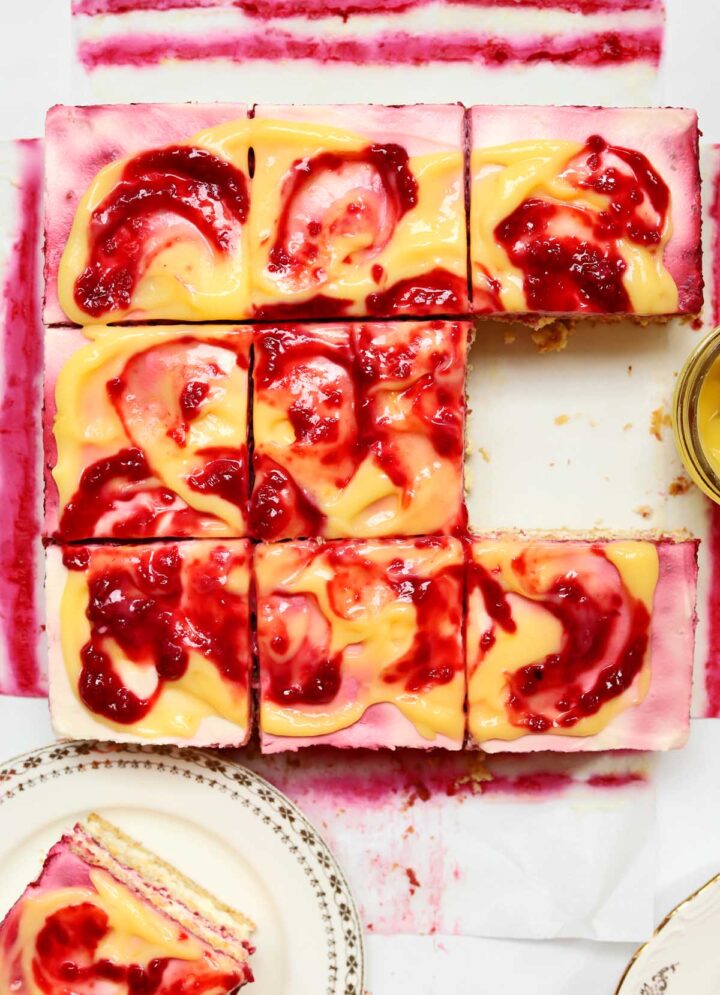 top view of raspberry lemonade icebox cake with slice on a plate