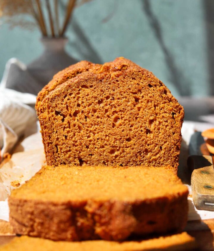 direct view of the best pumpkin bread sliced on cutting board
